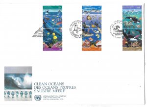 United Nations NY 603-604, G214-15, V127-28 Clean Oceans Geneva Large FDC