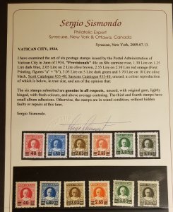 VATICAN CITY #35-40 Mint - 1934 Provisional Ovpt Set w/Cert Sergio Sismondo 2009