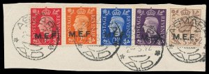 BOFIC - 1942 KGVI MEF five different values on piece SG M6a, M7a, M8a, M4, M10a.