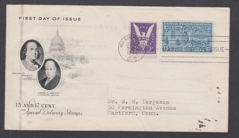 US Sc E17 FDC. 1944 13c blue Special Delivery, ArtCraft cachet, addressed