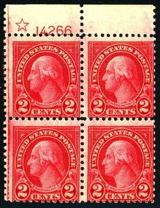 U.S. #595 MINT STAR PL# BLOCK OF 4 WITH PF CERT OG NH