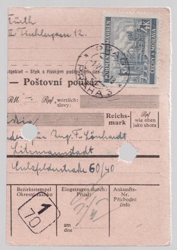 1942 Prague Germany to Litzmannstadt Jewish Ghetto Money Order Receipt Judaica