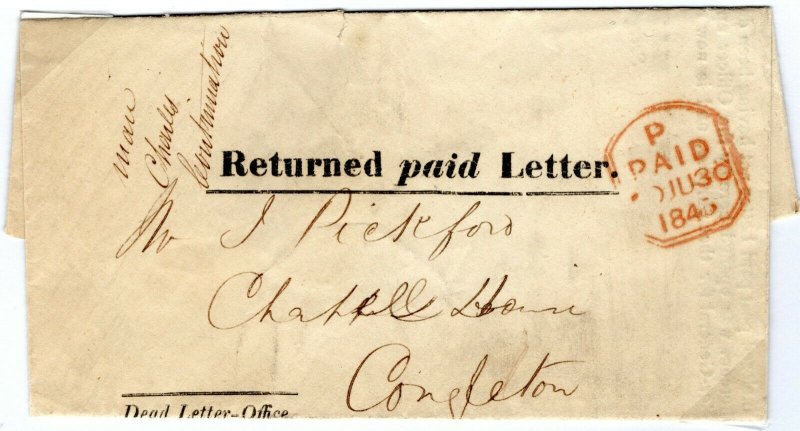 GB Cover GPO Official *Returned Paid Letter*Congleton 1845{samwells-covers}10.11