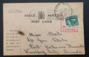 1915 Field post Canada Censored Postcard Free Postage Cover To Winnipeg