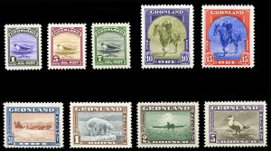 Greenland #10-18 Cat$325, 1945 1o-5k, complete set, never hinged