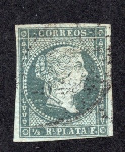 Cuba 1855 1/2r p blue green on bluish Isabella II, Scott 1 used, value = $7.50