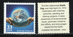 1999 Celebrate the 1970s Earth Day Single 33c Postage Stamp, Sc# 3189a, MNH, OG