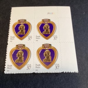 Scott#3784A Purple Heart Plate# block of 4 Stamps 37c 2003 MNH-US