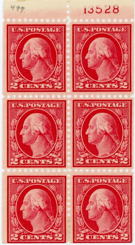 #499e – 1917 2c Washington,rose(I),bklt pn(6).  MNH OG