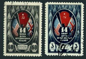 Russia 921-922,CTO.1944, Day of Allied Nations Against Germany,1944.Flags US,GB,