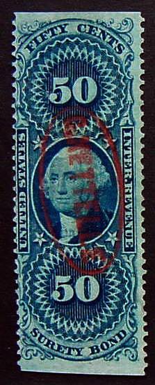 USA, Scott R63b, Red oval Handstamp cancel