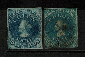 Chile SC# 10 x 2, Used, left is stamped on back - S13010