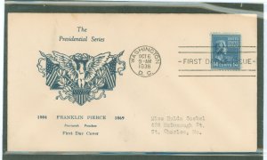 US 819 1938 14c Franklin Pierce (part of the presidential/prexy series) single on an addressed first day cover with a Mayne cach