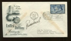 U.N. POSTAL ADMINISTRATION REIDAR TVEDT SIGNED 1953 UN FIRST DAY COVER (CV 656)