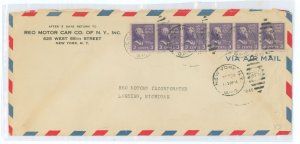 US 842 1940 six 3c Jefferson (prexy) coils paid three times the 6c domestic airmail rate on this Sept 1940 cover sent between Ri