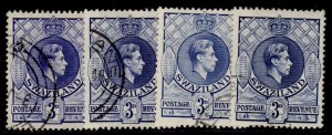 SWAZILAND GVI SG32 + 32a + 32c + 32d, 3d VARIETIES, FINE USED. Cat £52.