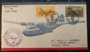 1937 Manila Philippines First Flight Cover FFC to USA Via Hong Kong Transpacific