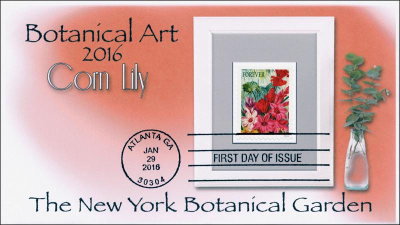 2016, Botanical Art, FDC, BW Postmark, Corn Lily, 16-030