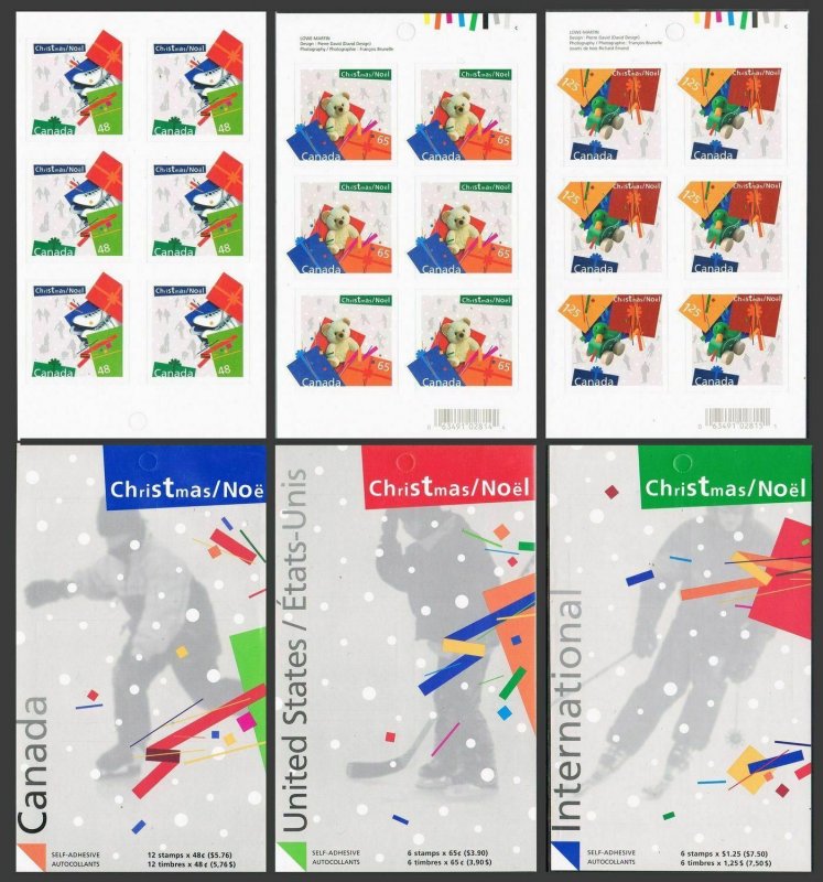 Canada 2004a-2006a booklet panes,MNH. Christmas 2003.Gift boxes,Ice skates,Toys.