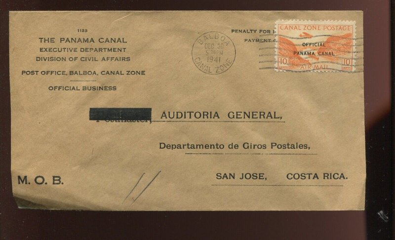 Canal Zone CO2 Airpost Official Used on OB Penalty Cover to Costa Rica CZ MOB17