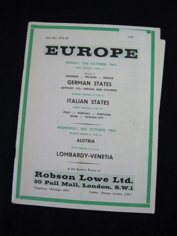 ROBSON LOWE AUCTION CATALOGUE 1963 EUROPE with GERMANY POs ABROAD ITALY AUSTRIA