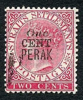 Perak SG35b One Cent type 32 on 2c Bright Rose Fine used Cat 55 pounds creased 