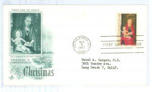 US 1336 1967 Christmas,typed address, corner crease. FDC