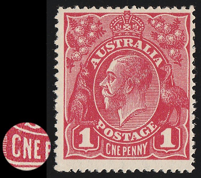 AUSTRALIA 1914 KGV 1d, variety CNE PENNY. Single wmk. ACSC 71G(4)q cat $10,000 