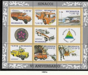 Nicaragua #1483a   Firetruck's  pane of 7 with 2 labels  (MNH) CV $10.00