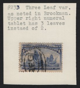 United States USED Scott Number 233  F-VF  3 LEAF VARIETY   - BARNEYS