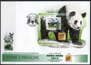 SAO TOME 2015 HONG KONG EXPOSITION 2015 PANDA SOUVENIR SHEET FIRST DAY COVER