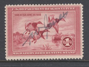 US Sc RW2 used. 1935 $1 Canvasback Ducks, Hunting Permit Stamp, fresh, sound.
