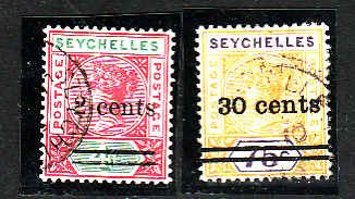 Seychelles-Sc#33-4- id8-two used QV-surcharged-1902-