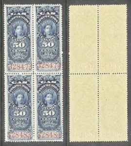 Canada 1897 Queen Victoria Old Revenue (50c, Block of 4) MNH