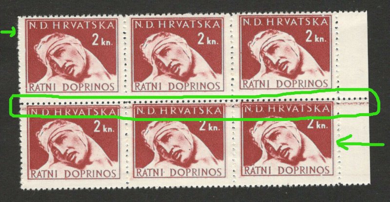 CROATIA-NDH-MNH BLOCK OF 6 STAMPS, 2kn-LOOK AT THE HORIZINTAL LINE AND COLO-1944