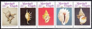 Marshall Islands 1986 MNH Sc 123a Strip of 5 22c Sea shells