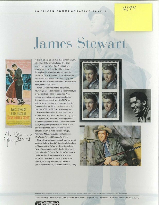 USPS COMMEMORATIVE PANEL #796 JAMES STEWART #4197