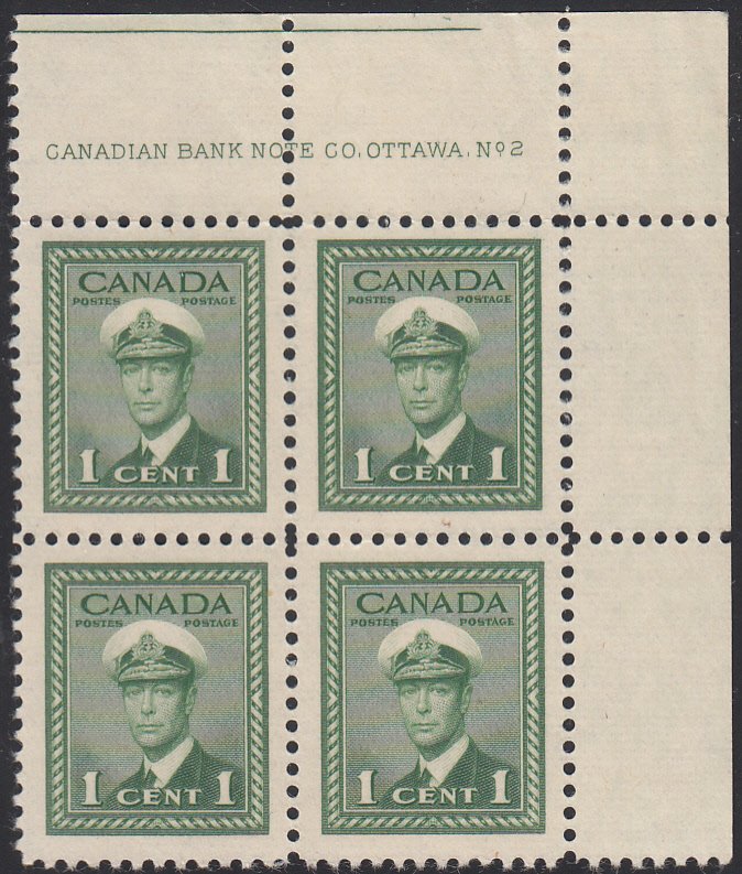 Canada 1942 MNH Sc #249 1c George VI War Plate 2 UR Block of 4