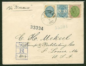 DWI 1902, Double rate reg. to Mekeel Stamp by Korona