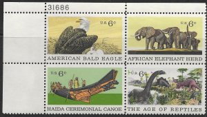 US #1387-90 PB.  Bald Eagle, Elephant Herd, Canoe, Age of Reptiles.