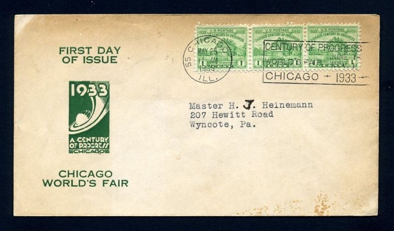 # 728 First Day Cover with Worlds Fair cachet from Chicago, Illinois - 5-25-1933