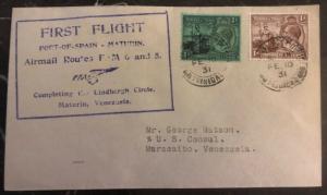 1931 Port Spain Trinidad First Flight Airmail Cover FFC To Maracaibo Venezuela