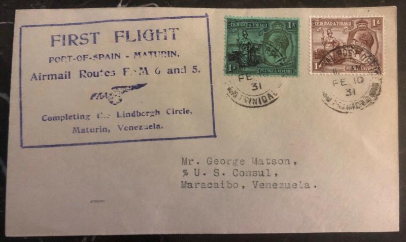 1931 Port Spain Trinidad First Flight Airmail Cover FFC To Maracaibo Venezuela