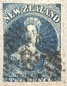 New Zealand 12 / 1862-1863 2p Deep Blue Queen Victoria Stamp, Wmk. 6, Used