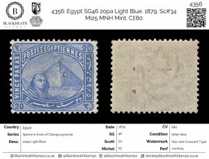 4356: Egypt SG46 20pa Light Blue. 1879. Sc#34 Mi25 MNH Mint. C£80