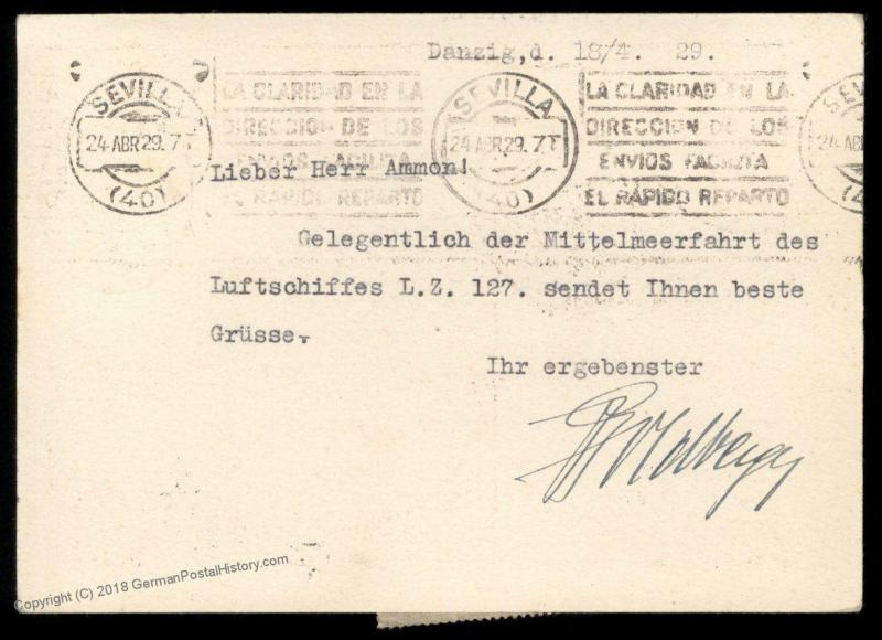 Danzig 1929 Zeppelin Mittelmeerfahrt Mediterranean Spain Si24  Flown Cover 90741