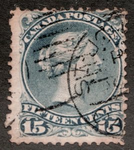 1875 Canada Sc# 30b - 15¢ Blue Gray Large Queen - Used Cv$60