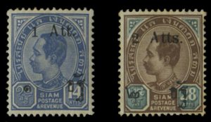 Thailand #90-91, 1905 Surcharges, set of two, hinged, the latter with faint t...