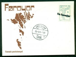 FAROE ISLANDS 1975, FRA FAEROERNE straight line ship cancel on card to DENMARK