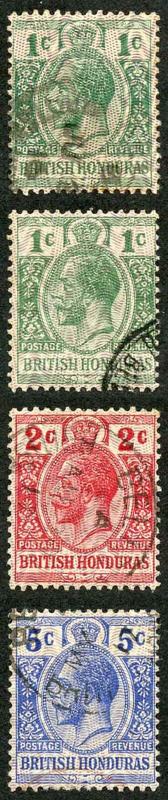 British Honduras SG111/3 1915 Opt Set of 3 (and 1d Yellow Green) Fine used